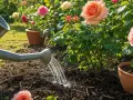 Arrosage d'un rosier en pleine floraison, avec des roses roses et orangées éclatantes. L'eau coule d'un arrosoir sur la terre.