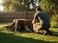 Un homme applique un produit sur une grosse souche d'arbre, une étape pour comment détruire une souche d'arbre.