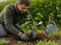 Un jardinier plante un jeune arbuste de cassis fruit rouge. Une arrosoir et des oiseaux observent.