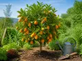 Arbre de kumquat chargé de fruits, prêt pour l'entretien. Arrosoir et pelle à proximité, suggérant le soin nécessaire.