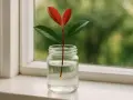 Une bouture de photinia aux feuilles rouges et vertes, avec de fines racines, dans un bocal d'eau sur un rebord de fenêtre.