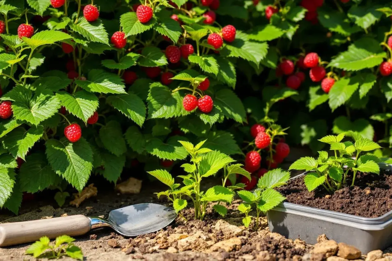 Des jeunes plants de framboisiers prêts à être plantés, avec une brouette et des framboises mûres en arrière-plan. Le moment idéal pour savoir quand planter framboisier.