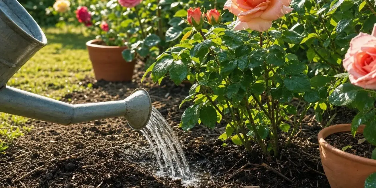 Arrosage d'un rosier en pleine floraison, avec des roses roses et orangées éclatantes. L'eau coule d'un arrosoir sur la terre.