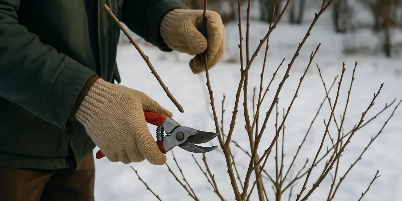 Gants beiges, sécateur rouge et une branche fine pour une bouture de myrtille.