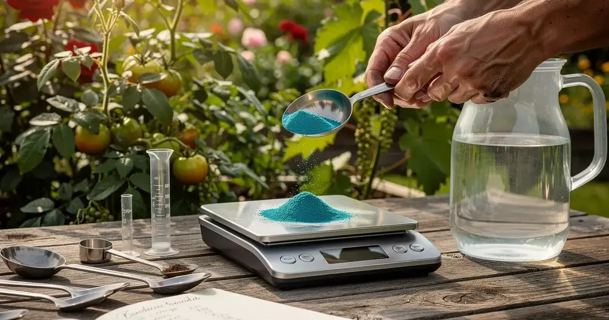 Préparation du **dosage bouillie bordelaise pour arbres fruitiers**. Une balance de précision pèse la poudre bleue, à côté d'un carnet et d'une carafe d'eau.