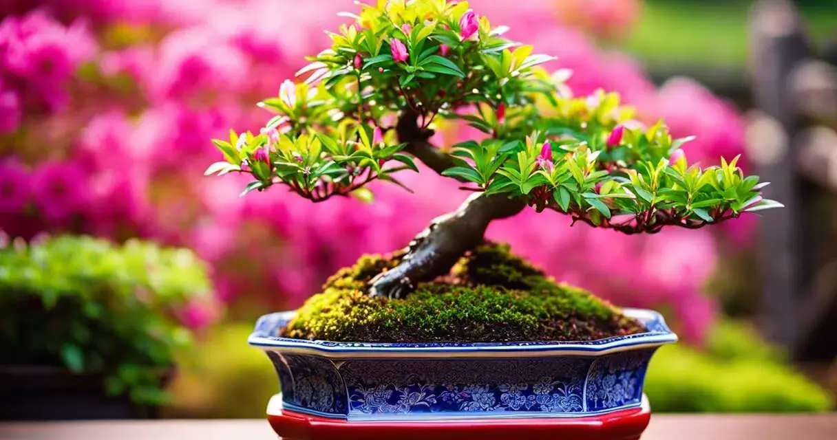 Un bonsaï d'azalée du Japon en pleine floraison, dans un pot orné, sur fond de fleurs roses. Fiche technique à venir.