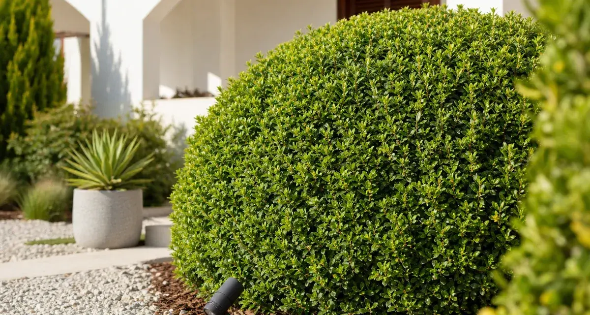 Un arbuste de pittosporum taillé en boule parfaite, orné d'un projecteur discret à sa base, dans un jardin moderne.