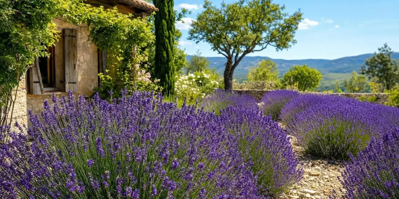 Un champ de lavande en fleurs devant une maison en pierre, sous un ciel bleu. Quelle terre pour la lavande !