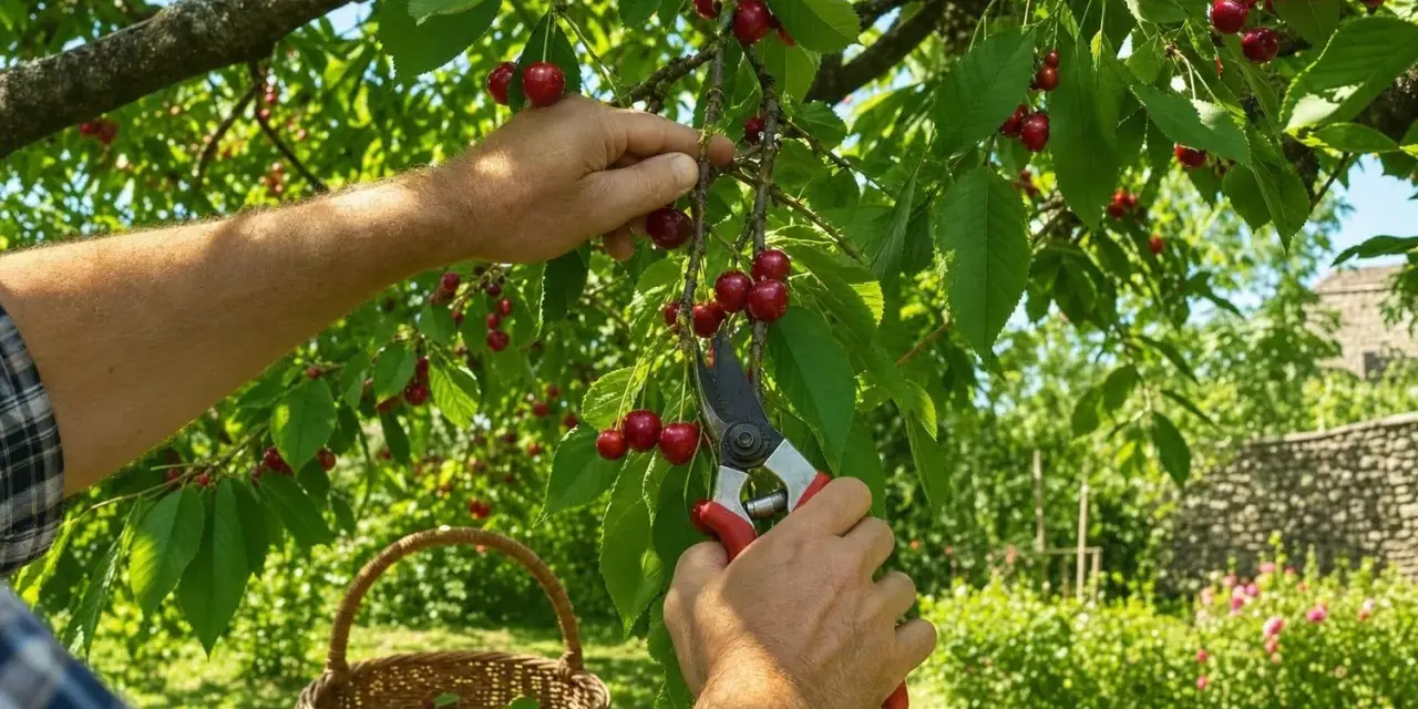 Main d'un homme récoltant des cerises rouges sur un cerisier avec des cisailles, un panier en osier à proximité.