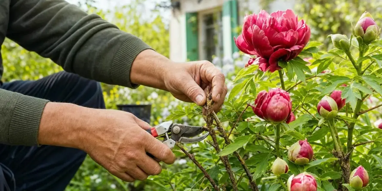 Un jardinier effectue la taille d'une pivoine arbustive, préparant ses magnifiques fleurs pour la saison.