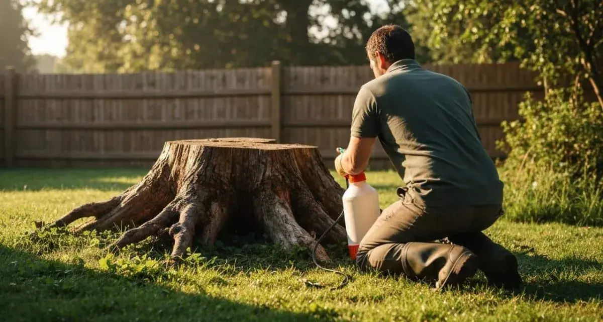 Un homme applique un produit sur une grosse souche d'arbre, une étape pour comment détruire une souche d'arbre.