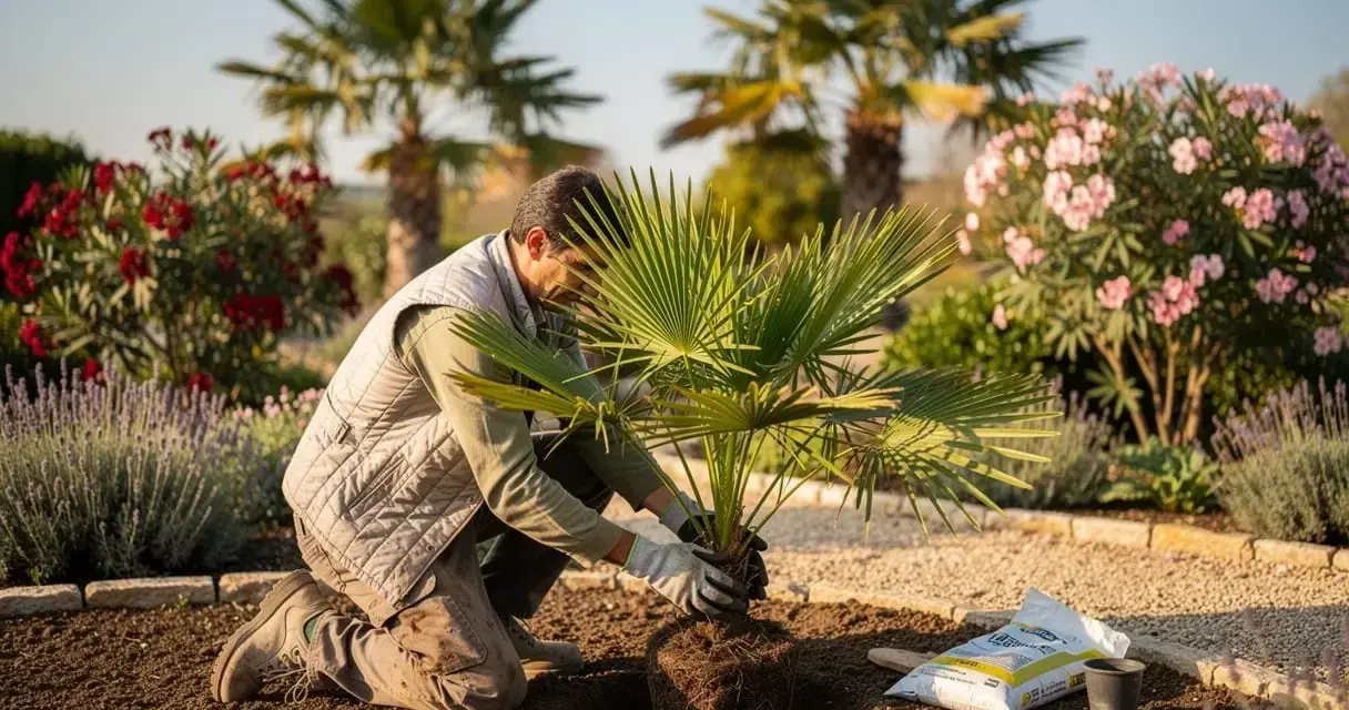 Un jardinier plante un jeune palmier dans un jardin ensoleillé, entouré de fleurs roses et de lavande.