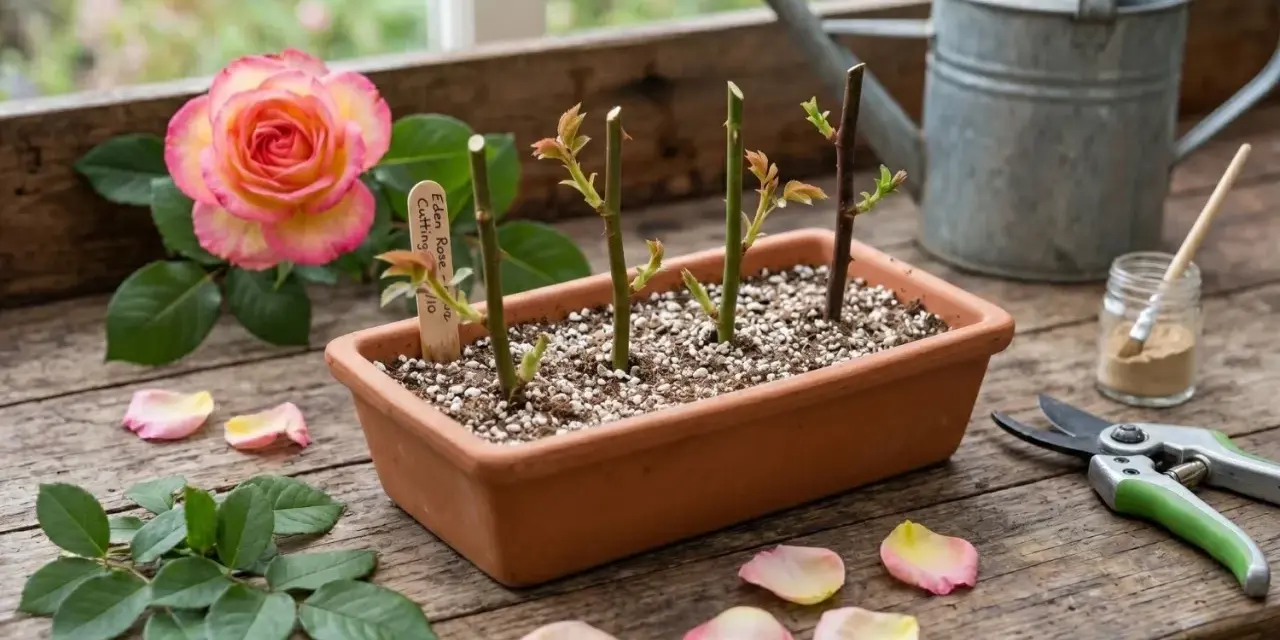Boutures de rosier en terre, prêtes à prendre racine. Une belle rose rose et jaune à côté, avec des pétales tombés.