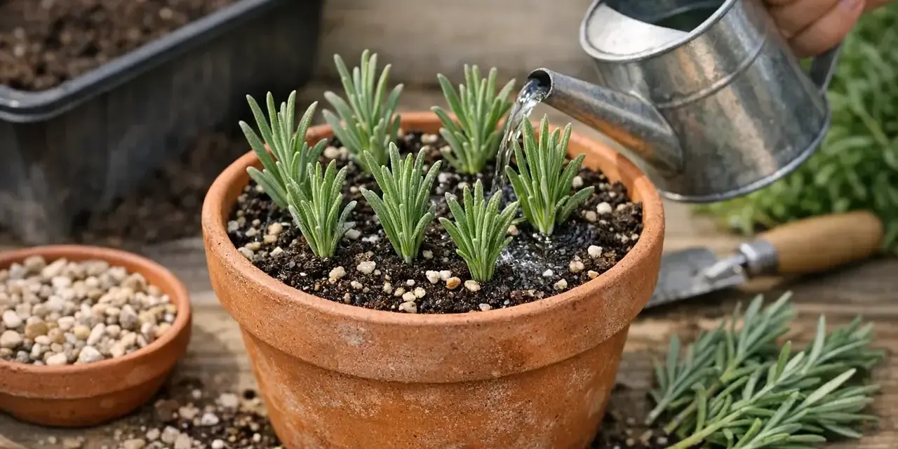 Arrosage de jeunes boutures de lavande dans un pot en terre cuite, prêtes à prendre racine.