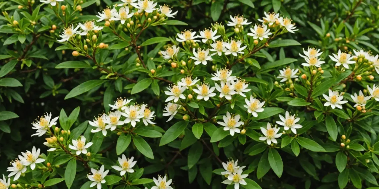 Fleurs blanches délicates sur un feuillage vert dense. Quelle terre pour oranger du Mexique ? Un sol bien drainé et riche.