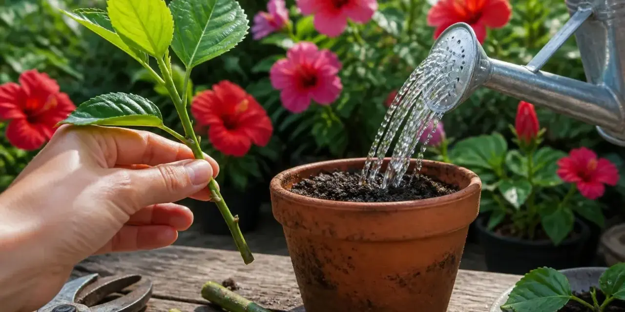 Une main tient une bouture d'hibiscus, prête à être plantée. Un arrosoir verse de l'eau sur la terre dans un pot.