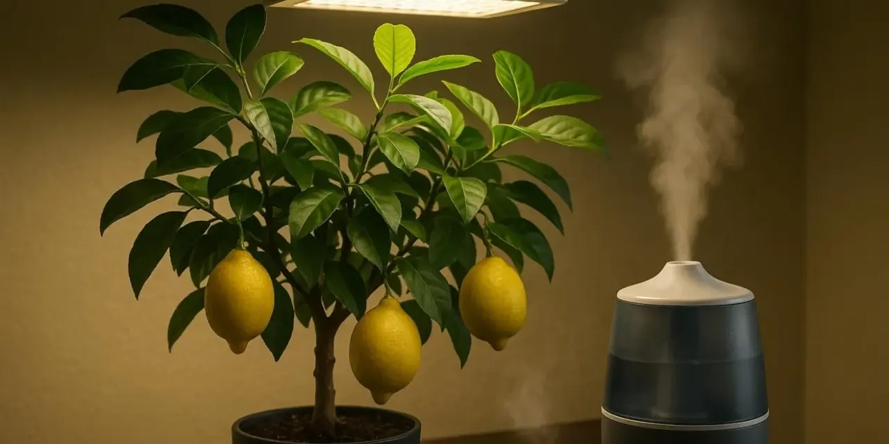 Un citronnier en pot, éclairé par une lampe de croissance, avec des citrons mûrs. Un humidificateur diffuse de la vapeur, créant une ambiance propice pour savoir comment polliniser un citronnier.