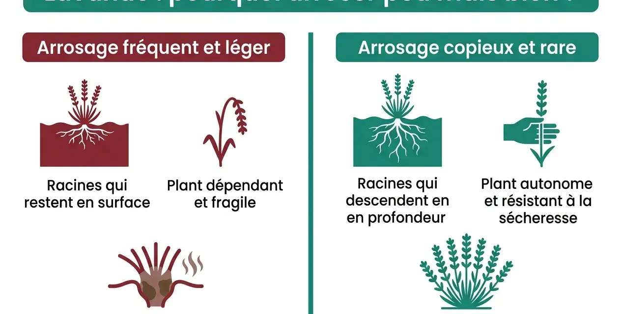 Faut-il arroser la lavande ? L'image compare l'arrosage fréquent et léger (racines superficielles, plante fragile) à l'arrosage copieux et rare (racines profondes, plante résistante).