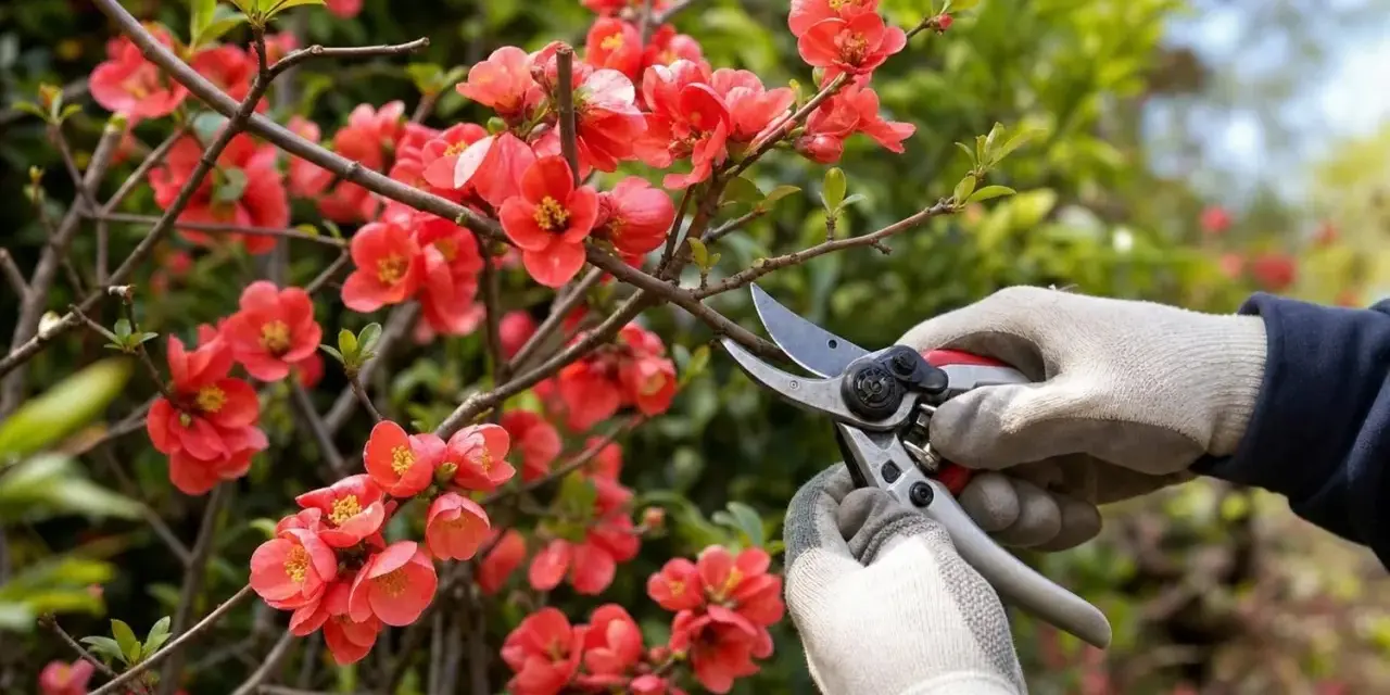 Mains gantées taillant un cognassier du Japon en fleurs, préparant la plante pour la saison.