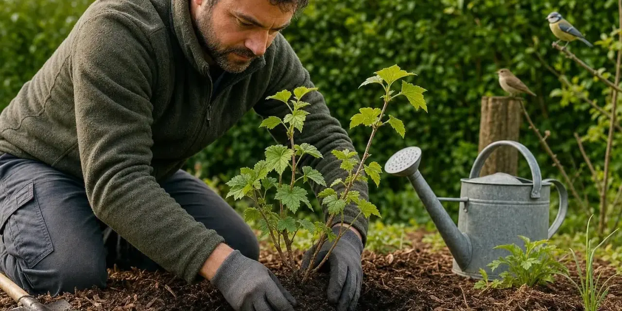 Un jardinier plante un jeune arbuste de cassis fruit rouge. Une arrosoir et des oiseaux observent.