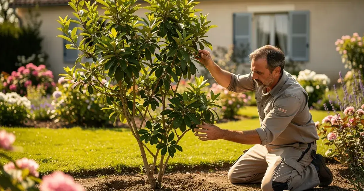 Un jardinier examine son lilas des Indes qui ne fleurit pas, espérant comprendre pourquoi.