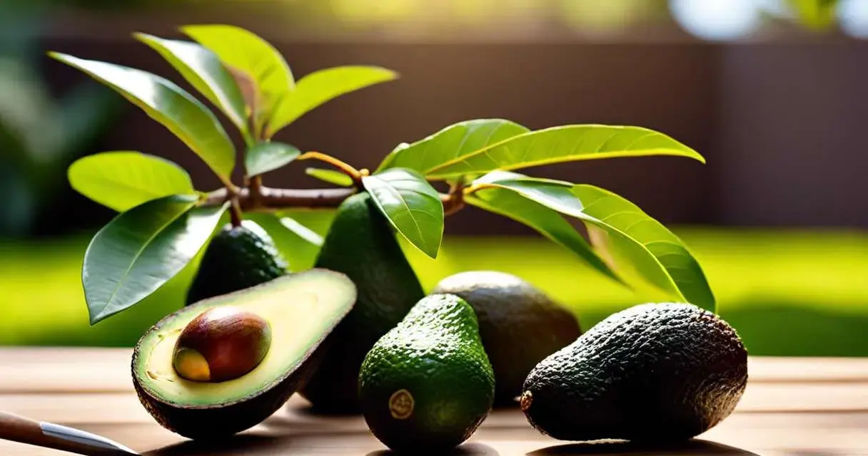 Avocats frais sur une table en bois, sous des feuilles vertes. Un avocat est coupé en deux, révélant son noyau. Un bon engrais avocatier assure une telle récolte.