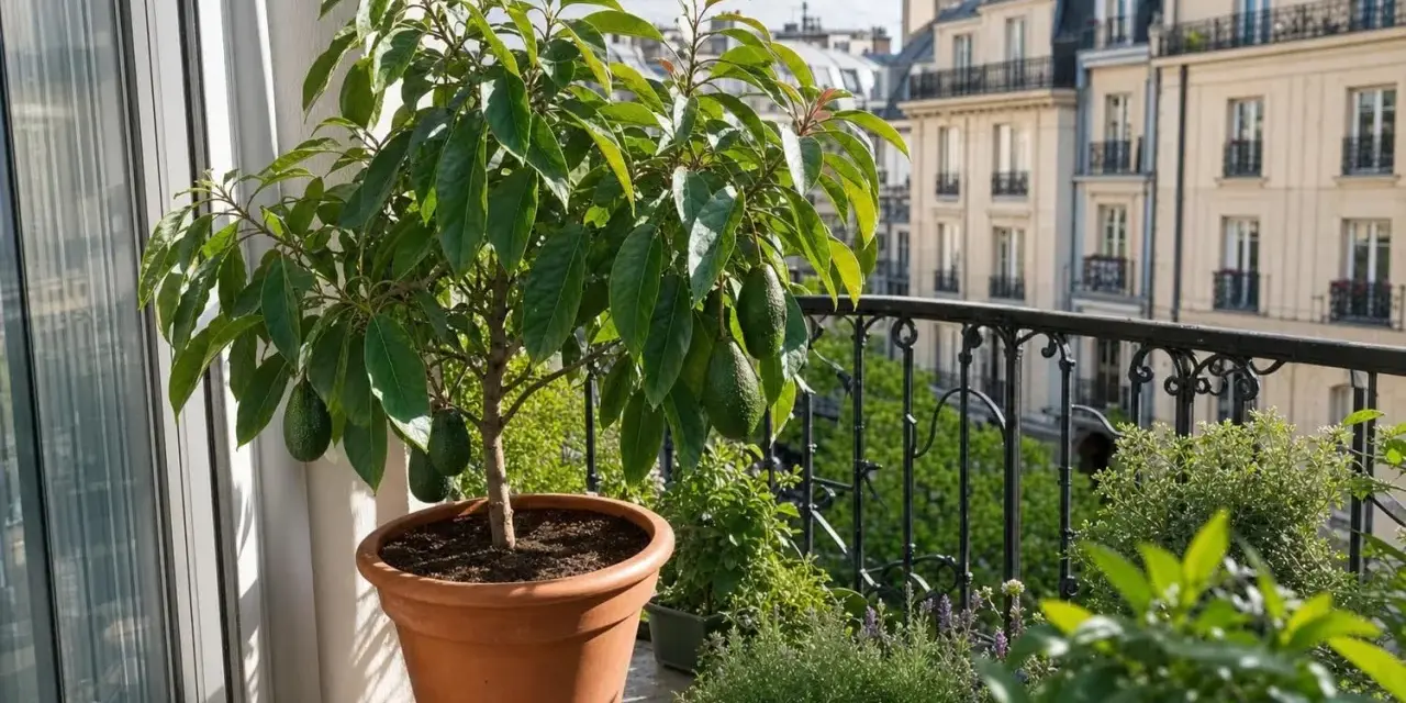 Un jeune arbre avocat, chargé de fruits verts, prospère sur un balcon parisien, offrant une touche de verdure luxuriante.