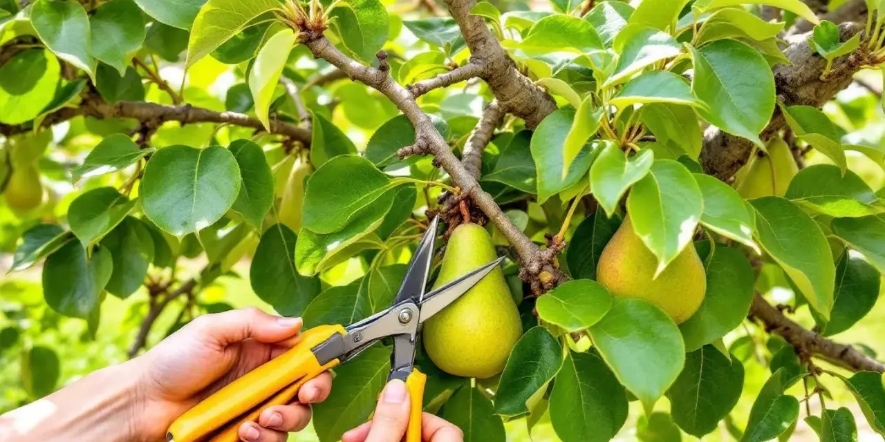 Mains tenant des ciseaux jaunes pour apprendre comment tailler un poirier, près de poires mûres sur une branche feuillue.