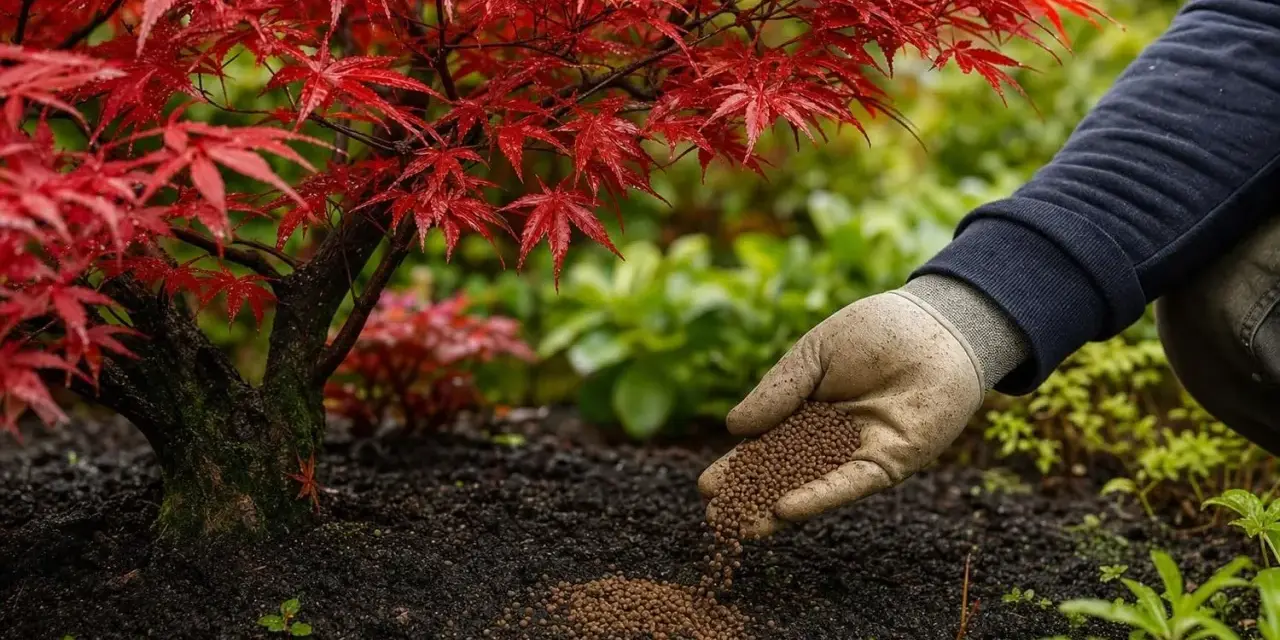 Main d'un jardinier appliquant de l'engrais pour érable du Japon, dont les feuilles rouges brillent sous la pluie.