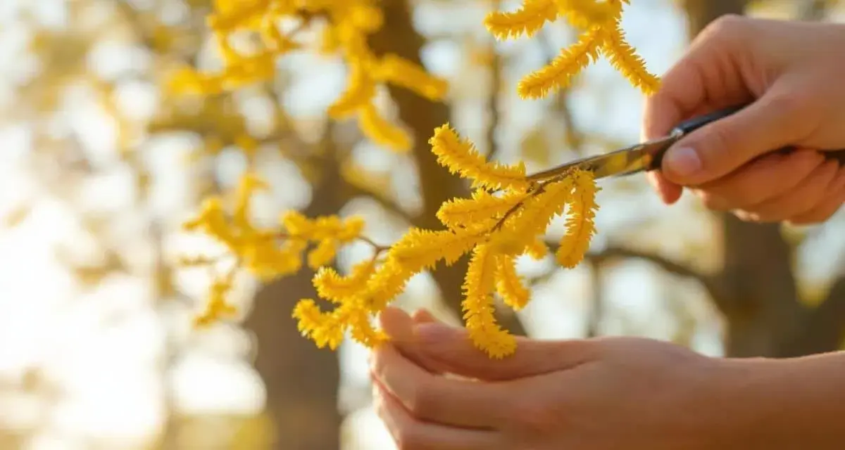 Des mains coupent une bouture de mimosa, ses grappes jaunes éclatantes baignées de soleil.