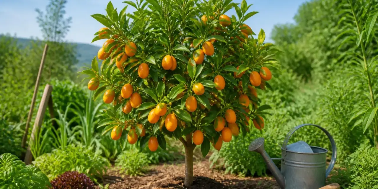 Arbre de kumquat chargé de fruits, prêt pour l'entretien. Arrosoir et pelle à proximité, suggérant le soin nécessaire.