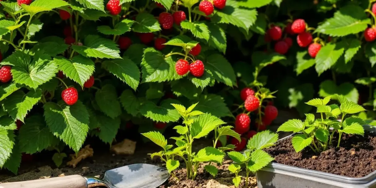 Des jeunes plants de framboisiers prêts à être plantés, avec une brouette et des framboises mûres en arrière-plan. Le moment idéal pour savoir quand planter framboisier.