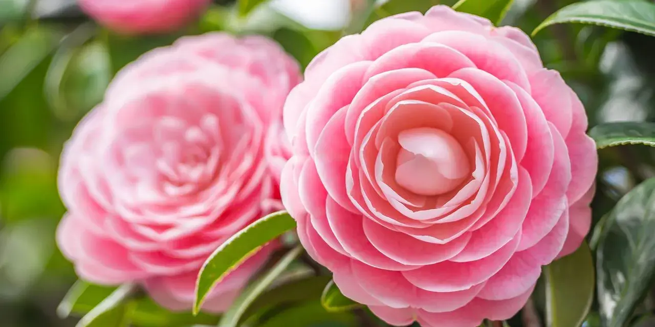 Deux camélias japonais roses éclosent, leurs pétales délicats formant des spirales parfaites.