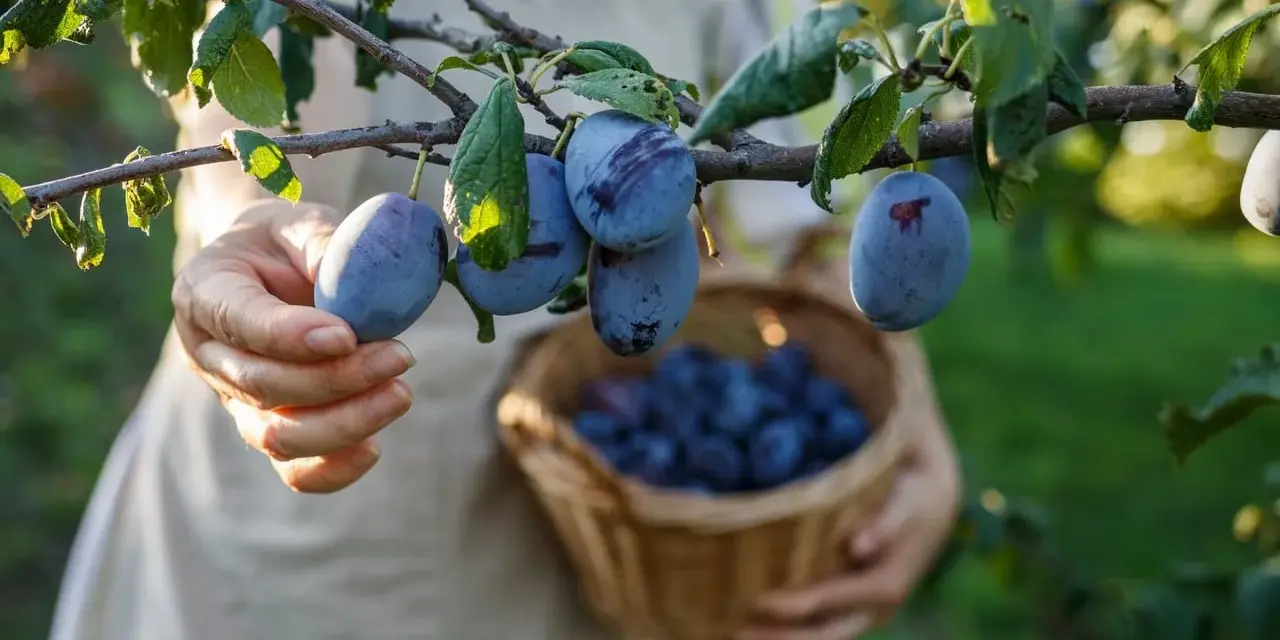 Main d'une personne récoltant des prunes mûres sur un arbre. Un panier en osier est rempli de fruits. La taille prunier est parfaite pour la récolte.