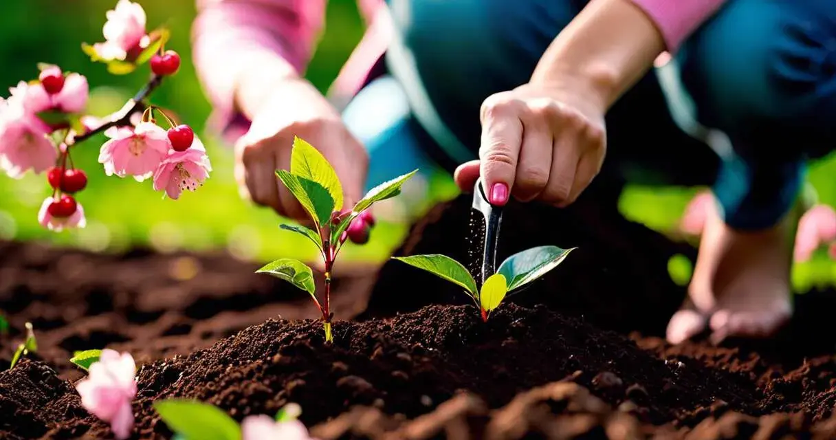 Des jeunes pousses plantées près de fleurs roses et de quelques cerises rouges.