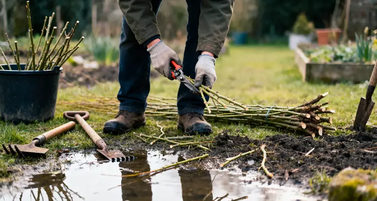 Un jardinier taille des branches pour savoir quand tailler un saule crevette. Des outils de jardinage sont à proximité.
