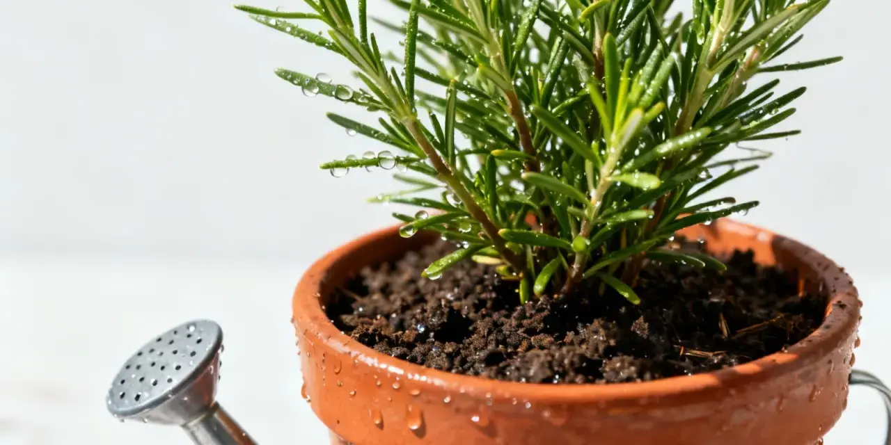Un petit arrosoir argenté près d'un pot en terre cuite contenant un romarin frais, prêt pour son arrosage.