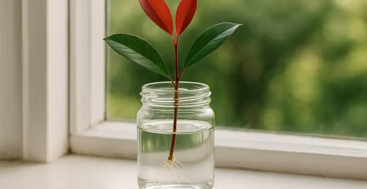 Une bouture de photinia aux feuilles rouges et vertes, avec de fines racines, dans un bocal d'eau sur un rebord de fenêtre.