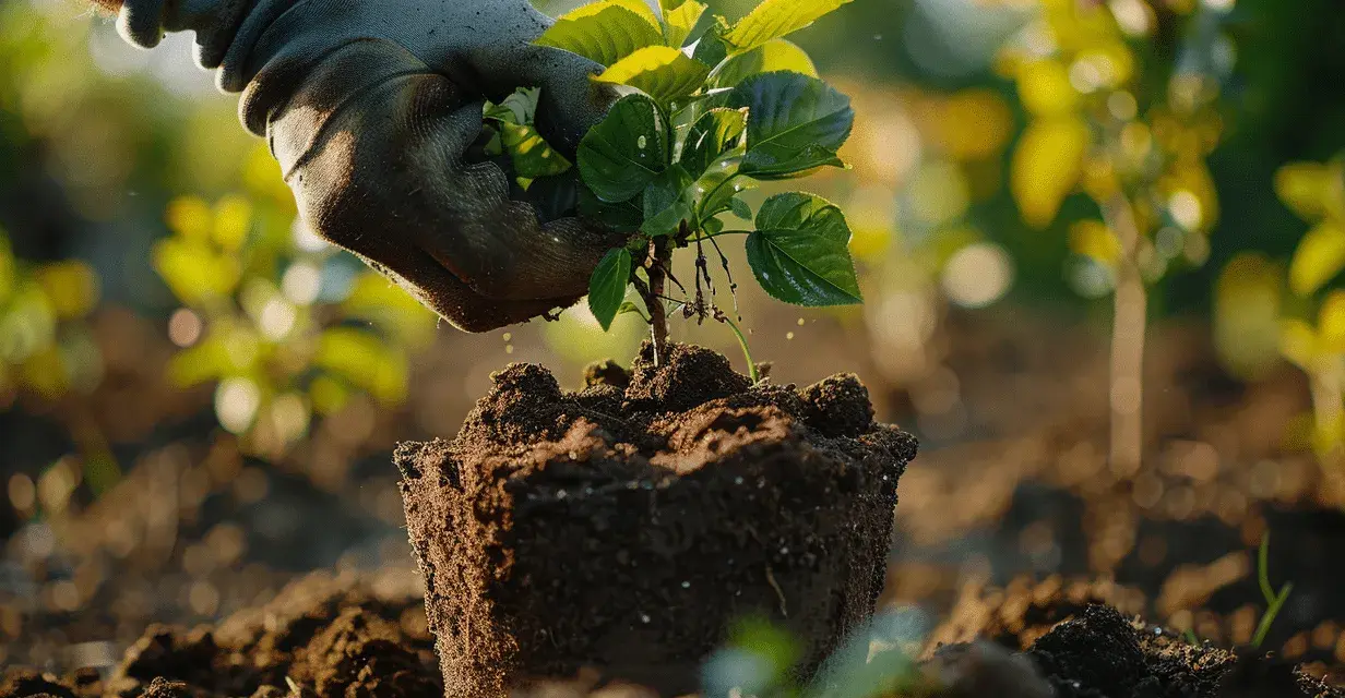 Main d'un jardinier plantant une bouture de cerisier dans la terre.