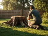 Un homme applique un produit sur une grosse souche d'arbre, une étape pour comment détruire une souche d'arbre.