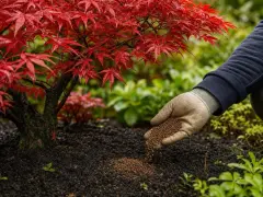 Main d'un jardinier appliquant de l'engrais pour érable du Japon, dont les feuilles rouges brillent sous la pluie.
