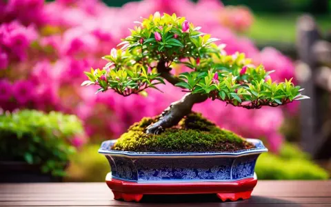 Un bonsaï d'azalée du Japon en pleine floraison, dans un pot orné, sur fond de fleurs roses. Fiche technique à venir.
