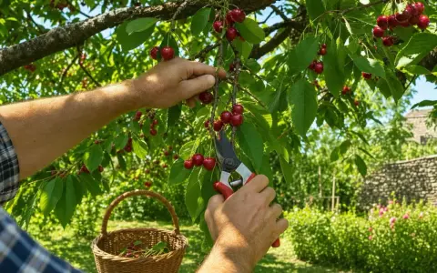 Main d'un homme récoltant des cerises rouges sur un cerisier avec des cisailles, un panier en osier à proximité.
