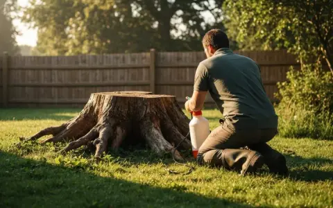Un homme applique un produit sur une grosse souche d'arbre, une étape pour comment détruire une souche d'arbre.