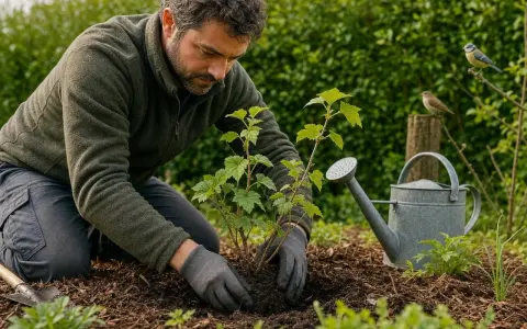 Un jardinier plante un jeune arbuste de cassis fruit rouge. Une arrosoir et des oiseaux observent.