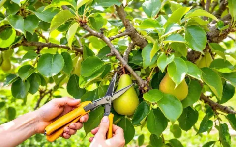 Mains tenant des ciseaux jaunes pour apprendre comment tailler un poirier, près de poires mûres sur une branche feuillue.