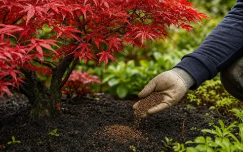 Main d'un jardinier appliquant de l'engrais pour érable du Japon, dont les feuilles rouges brillent sous la pluie.