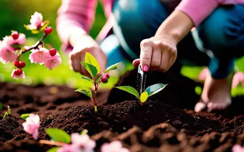 Des jeunes pousses plantées près de fleurs roses et de quelques cerises rouges.