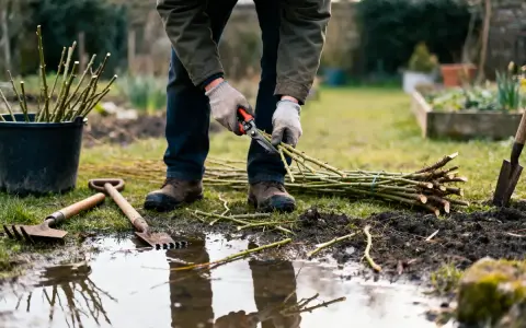 Un jardinier taille des branches pour savoir quand tailler un saule crevette. Des outils de jardinage sont à proximité.