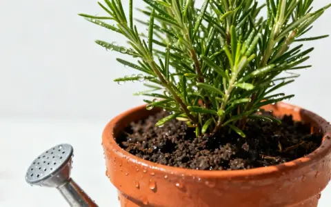 Un petit arrosoir argenté près d'un pot en terre cuite contenant un romarin frais, prêt pour son arrosage.